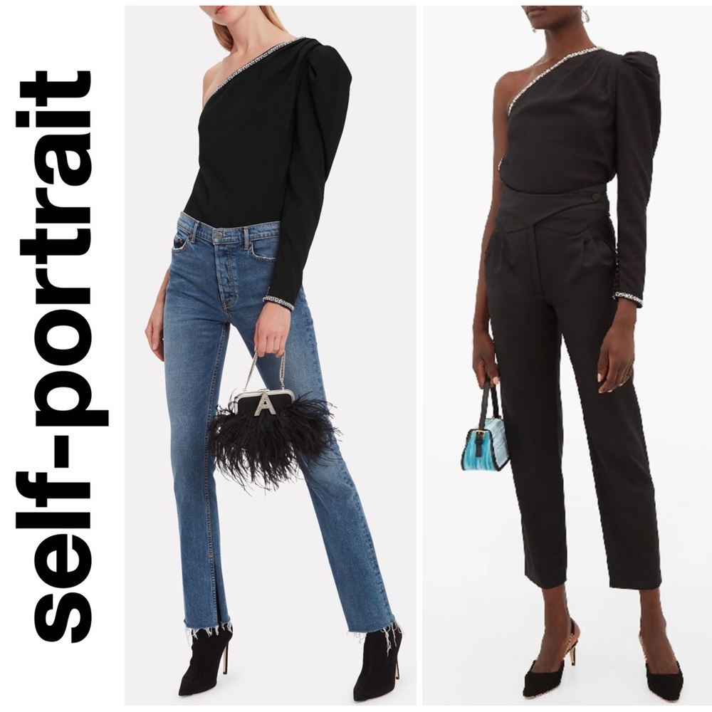 🖤 Self-Portrait, Diamante Embellished Crepe One-Shoulder Top